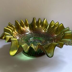 Goofus glass ruffled edges bowl. Significant paint loss showing green glass